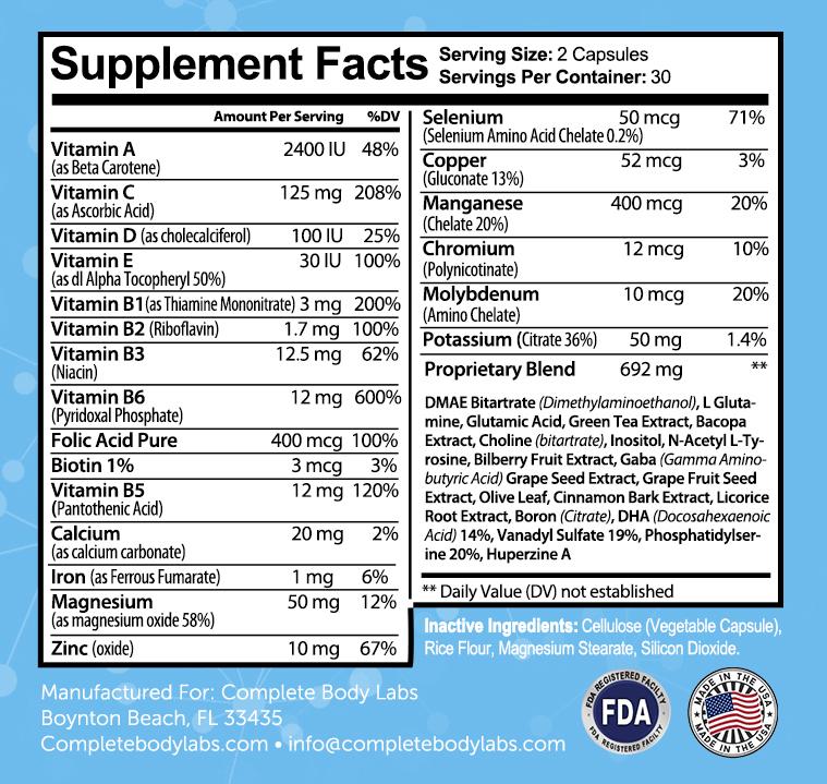 BRAIN BOOST (Advanced Focus Formula) Complete Body Labs | Probiotics, Nootropics, Brain Supplements, Protein Bars, Workout Supplements, Health Supplements, Omega-3 & Essential Vitamins For Men & Women