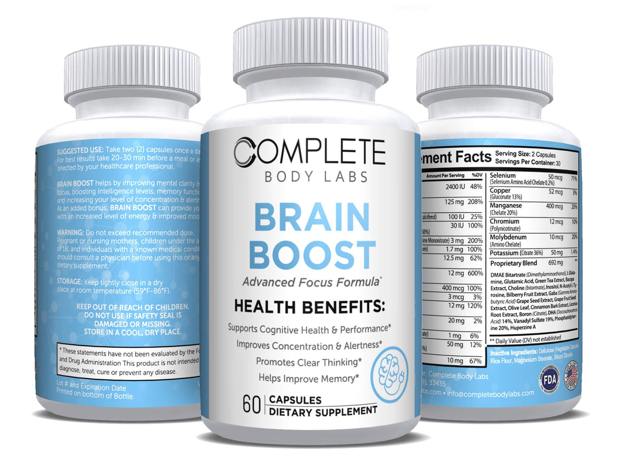 BRAIN BOOST (Advanced Focus Formula) Complete Body Labs | Probiotics, Nootropics, Brain Supplements, Protein Bars, Workout Supplements, Health Supplements, Omega-3 & Essential Vitamins For Men & Women