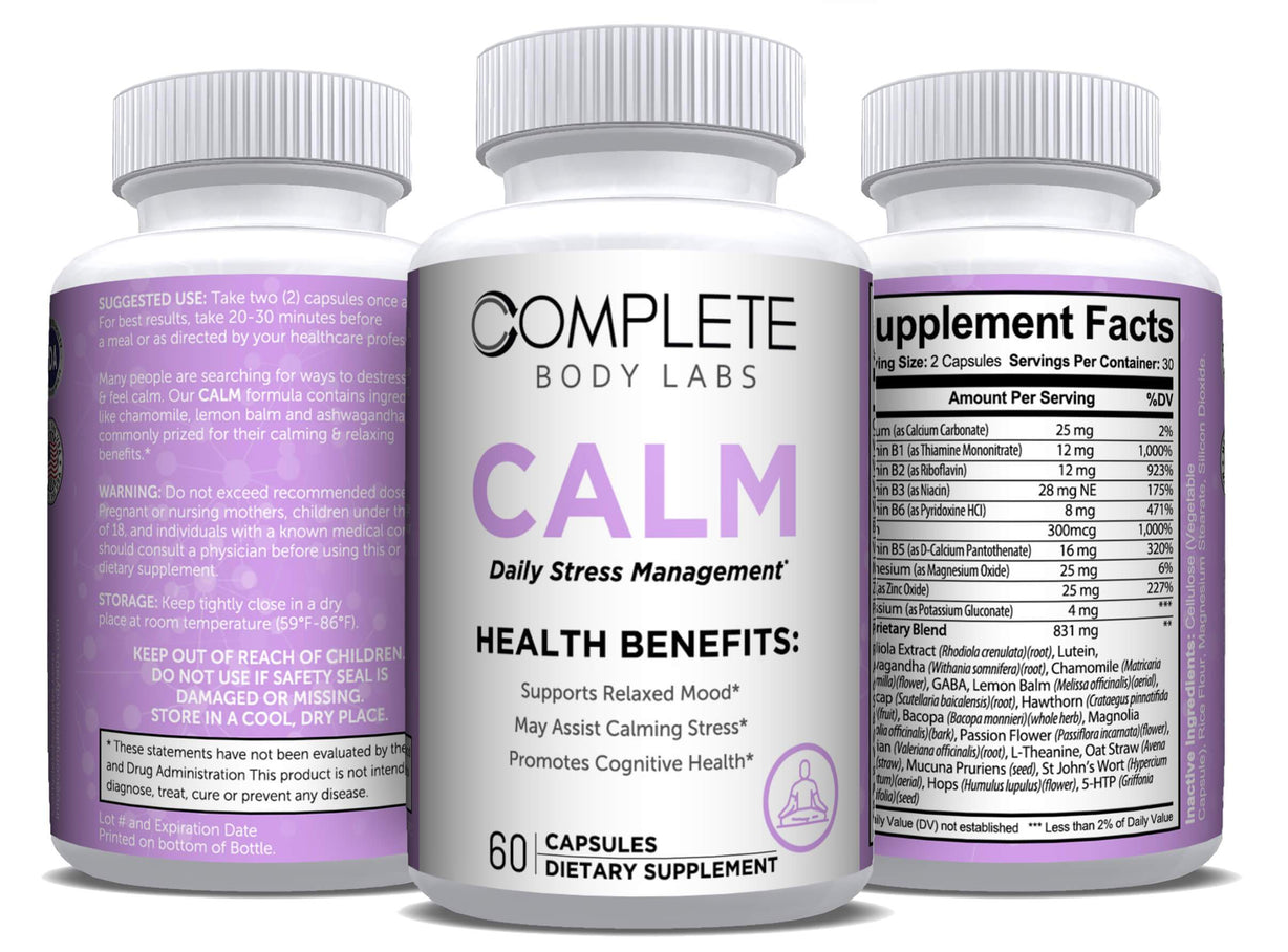 CALM (Daily Stress Management) Complete Body Labs | Probiotics, Nootropics, Brain Supplements, Protein Bars, Workout Supplements, Health Supplements, Omega-3 & Essential Vitamins For Men & Women