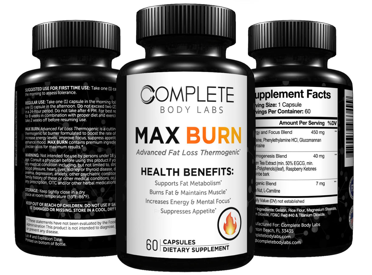 MAX BURN (Advanced Fat Loss Thermogenic) Complete Body Labs | Probiotics, Nootropics, Brain Supplements, Protein Bars, Workout Supplements, Health Supplements, Omega-3 & Essential Vitamins For Men & Women